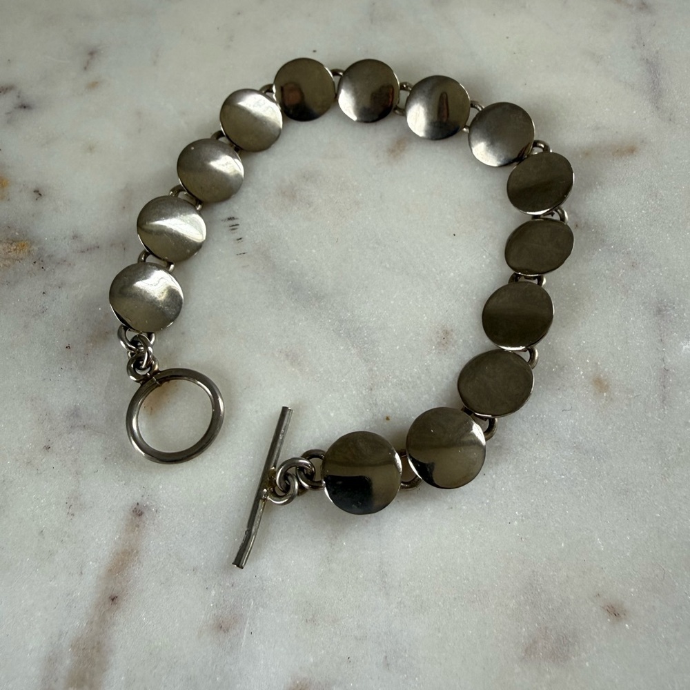 Sterling Silver Disc Link Bracelet 8” Toggle Clasp Minimalist Modern Stackable